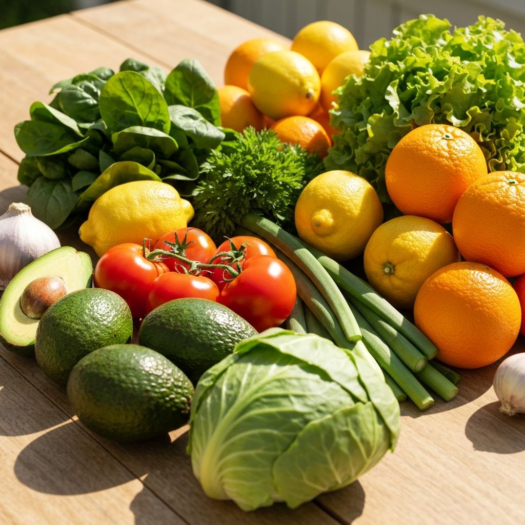 Frisches Obst und Gemüse auf einem Holztisch